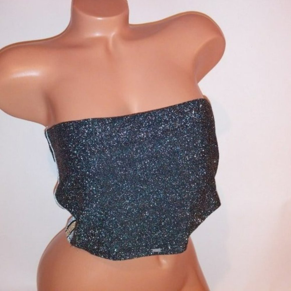 Victoria Secret PINK Bandeau Bra Large Black Silver Shimmer Tube Top Unlined Wir